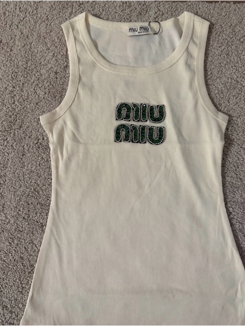 Miu Miu Cream Ribbed Tank with Green Embellished Logo - Picture 5 of 5